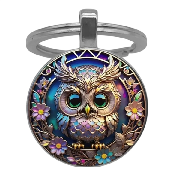 Silver Tone Owl Keychain with Multicolor Accents - Picture 1 of 1